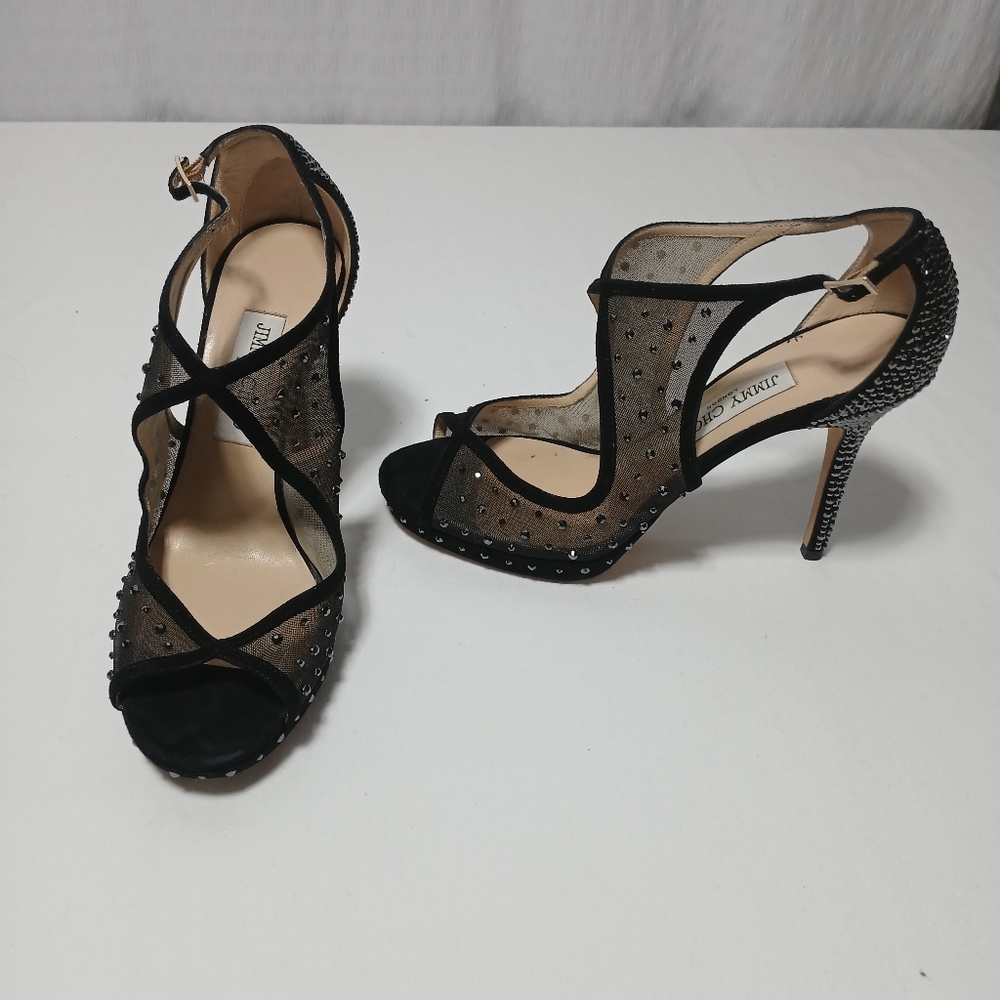 Jimmy Choo" Leondra" Black Suede& Semi- Sheer Mesh With Swarovski Crystals. 8.5 - Picture 5 of 16